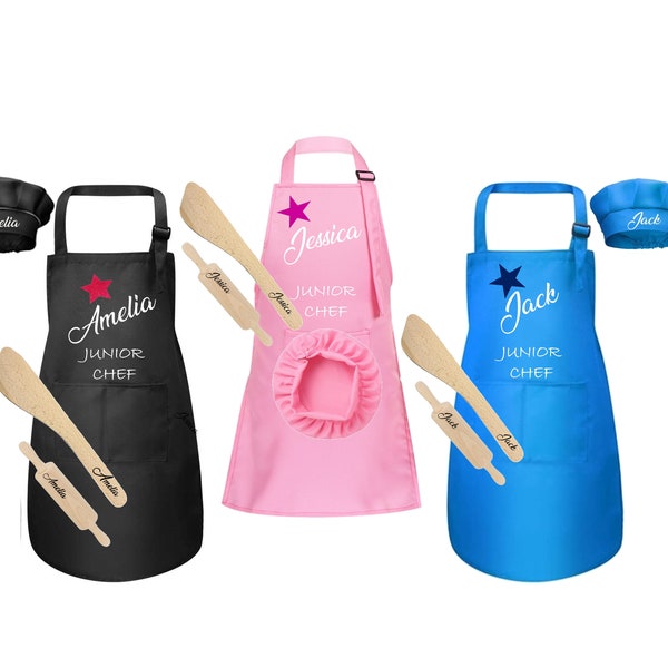 Tablier personnalisé pour enfants avec chapeau et rouleau à pâtisserie gravé, spatule en bois, Mini Chef Star Baker, ensemble cadeau