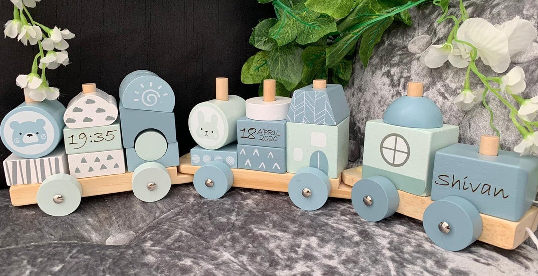 Wooden Personalised Train Set Kids Engraved Custom Blue Pull ...