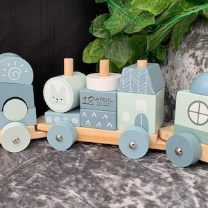 Wooden Personalised Train Set Kids Engraved Custom Blue Pull Educational Shapes Name Time Date of Birth Stacking