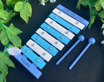 Gepersonaliseerde houten xylofoon set gegraveerd aangepaste educatieve muziek blauw en wit