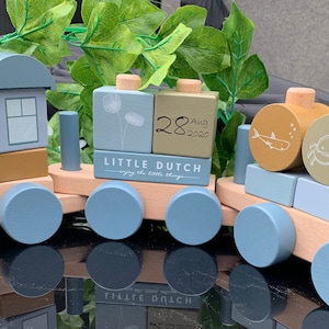 Little Dutch Wooden Personalised Train Set Kids Engraved Custom Blue Pull Educational Shapes Name Time Date of Birth Stacking