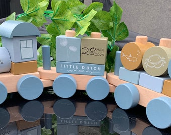 Wooden Personalised Train Set Kids Engraved Custom Blue Pull Educational Shapes Name Time Date of Birth Stacking