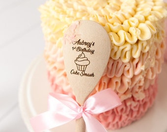 Personalised Wooden Spoon Cake Smash First Birthday Photo Props Engraved Blue Pink Ribbon