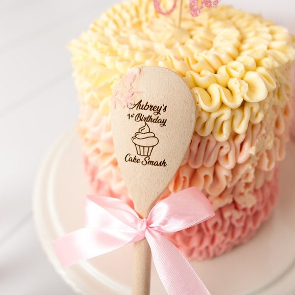 Personalised Wooden Spoon Cake Smash First Birthday Photo Props Engraved Blue Pink Ribbon