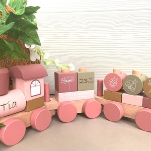 Wooden Personalised Train Set Kids Engraved Custom Pink Pull Educational Shapes Name Time Date of Birth Stacking