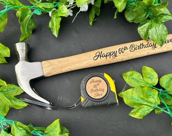 Personalised Engraved 3 or 5 Metre Tape Measure and Hammer Happy 60th 50th 40th Birthday Gift Idea Daddy Father Grandad tool box Great Gift