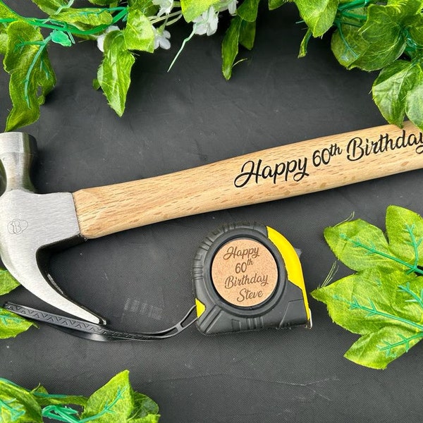 Personalised Engraved 3 or 5 Metre Tape Measure and Hammer Happy 60th 50th 40th Birthday Gift Idea Daddy Father Grandad tool box Great Gift