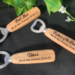 Personalised Wooden Bottle Opener, Wedding Favour Gifts Keepsake Engraved Wedding Gift for Best man, Father of the Bride, Usher Groomsman