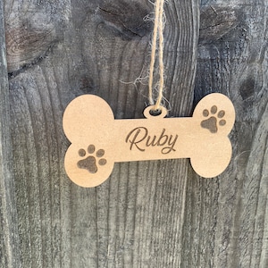 Personalised Engraved Wooden Dog Name Bone Shaped Sign, Dog Bed/Cage Gift, Hanging Plaque