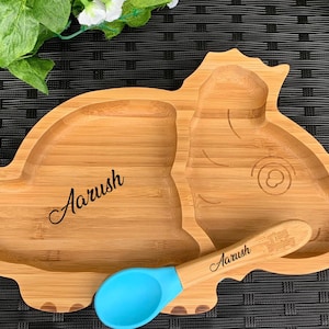 Personalised Dinosaur Bamboo Plate with a Spoon- Weaning - Baby Gift - Toddler Gifts- Bamboo Plates with Suction- Blue