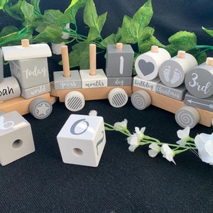 May include: A grey and white wooden toy train with blocks that say "Noah", "Today", "World", "Years", "Months", "1 Day", "1st Birthday", "Christmas", "3rd", and "6" and "0".
