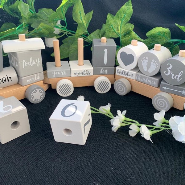 Wooden Personalised Train Set Kids Engraved Custom Grey Milestone Birth Educational Shapes Name Time Date of Birth Stacking Photo Prop