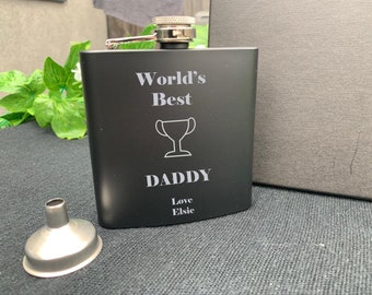 Personalised Engraved Black 6oz Hip Flask Worlds Best Dad Granddad For Him Father Dad Groom Best Man Fathers Day Wedding Favour Gift