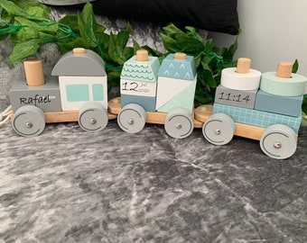 Wooden Personalised Train Set Kids Engraved Custom Grey Blue Pull Educational Shapes Name Time Date of Birth Stacking