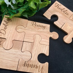 Personalised 4 or 6 Piece Jigsaw Coaster - Solid Wood - Customised Coaster Set - Great New Home, Birthday, Engagement, Wedding Gift etc.