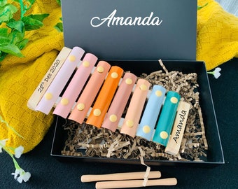 Personalised Wooden Xylophone Set Engraved Custom Educational Music Rainbow