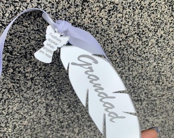 Personalised  Feather Memorial Ornament , Bauble Decoration, Bereavement Gift, Feathers Appear When Angels Are Near In Memory Of