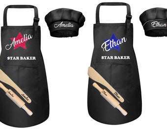 Personalised kids apron with Hat And Engraved rolling pin Wooden Spatula Mini Chef Star Baker Set Junior Chef   Gift