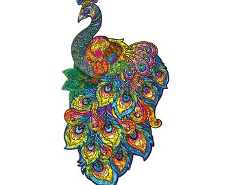 Wooden shaped puzzle Peacock in a wooden gift box/ 184 shaped elements. Handmade ecological gift + gift from Ukraine