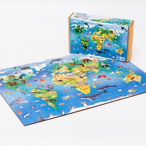 Rompecabezas de madera Mapa del mundo. El mundo de los niños. Animales: un regalo de desarrollo ecológico para un niño + un regalo de Ucrania