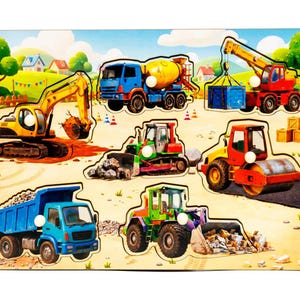 May include: A wooden peg puzzle featuring a colorful construction site scene with illustrations of a yellow excavator, a blue cement mixer, a red crane, a green bulldozer, a red road roller, a blue dump truck, and a green front loader.