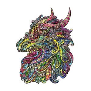 May include: A colorful, intricate dragon head illustration with a detailed, swirling pattern. The dragon's head is facing the left side of the image and has a bright red eye.