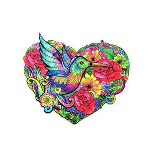 Wooden shaped puzzle Heart with Hummingbird/ 173 elements. Puzzle made of natural wood in wooden gift box+gift from Ukraine