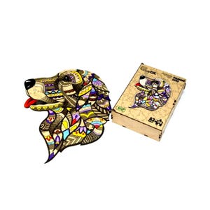 Wooden bright shaped puzzle Dog in a wooden box/72 or 125 parts. Ecological gift for children and adults + a gift from Ukraine