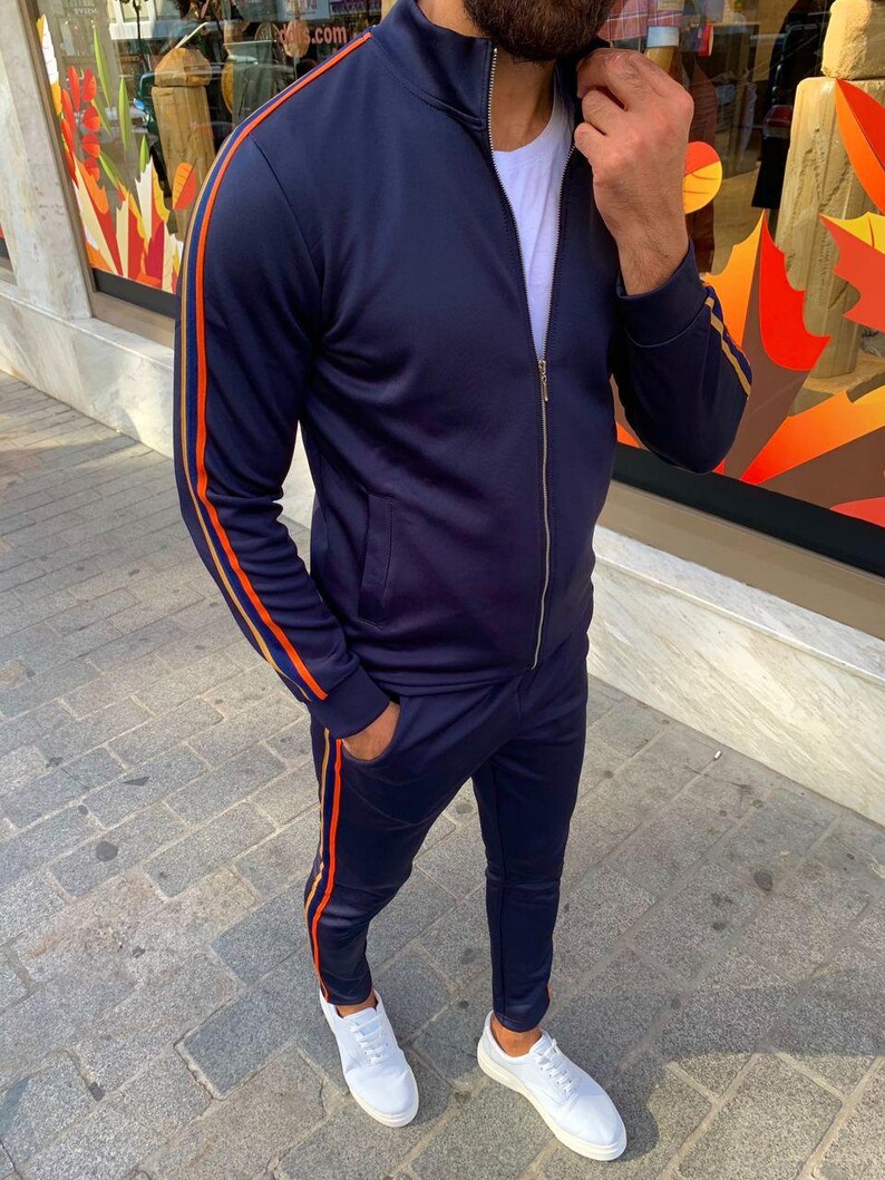 Gentlemen Tracksuit Dark Blue White With Brown Striped and Red Orange Checkered Plaid Unisex Trackuit Sport Clothes
