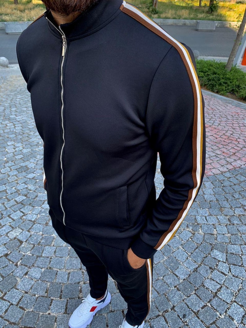 Gentlemen Tracksuit Dark Blue White With Brown Striped and Red Orange Checkered Plaid Unisex Trackuit Sport Clothes