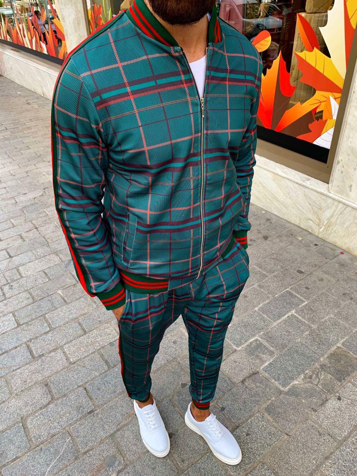 Gentlemen Unisex Green Red Striped Checked Plaid Tracksuit | Etsy