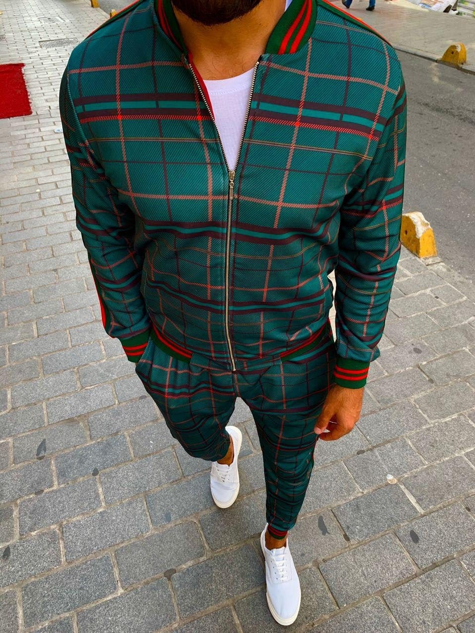 Gentlemen Unisex Green Red Striped Checked Plaid Tracksuit | Etsy
