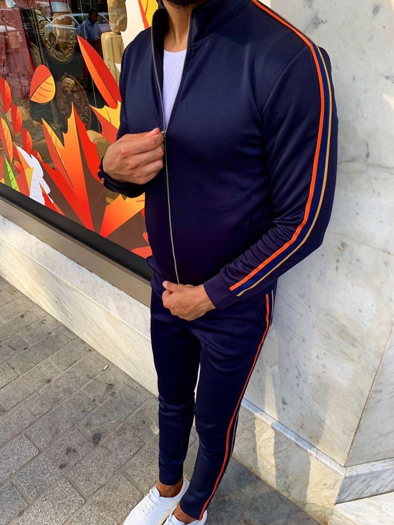 Gentlemen Tracksuit Dark Blue White With Brown Striped and Red Orange Checkered Plaid Unisex Trackuit Sport Clothes