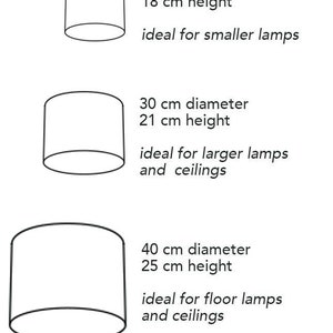 May include: Diagram showing three different sizes of lampshades with their corresponding diameters and heights in centimeters. The text indicates that the smallest lampshade is ideal for smaller lamps, the medium size is ideal for larger lamps and ceilings, and the largest size is ideal for floor lamps and ceilings.
