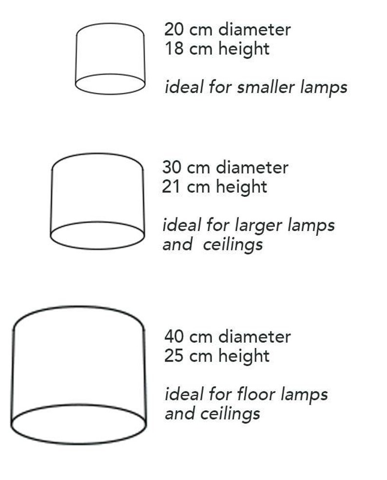 May include: Diagram showing three different sizes of lampshades with their corresponding diameters and heights in centimeters. The text indicates that the smallest lampshade is ideal for smaller lamps, the medium size is ideal for larger lamps and ceilings, and the largest size is ideal for floor lamps and ceilings.