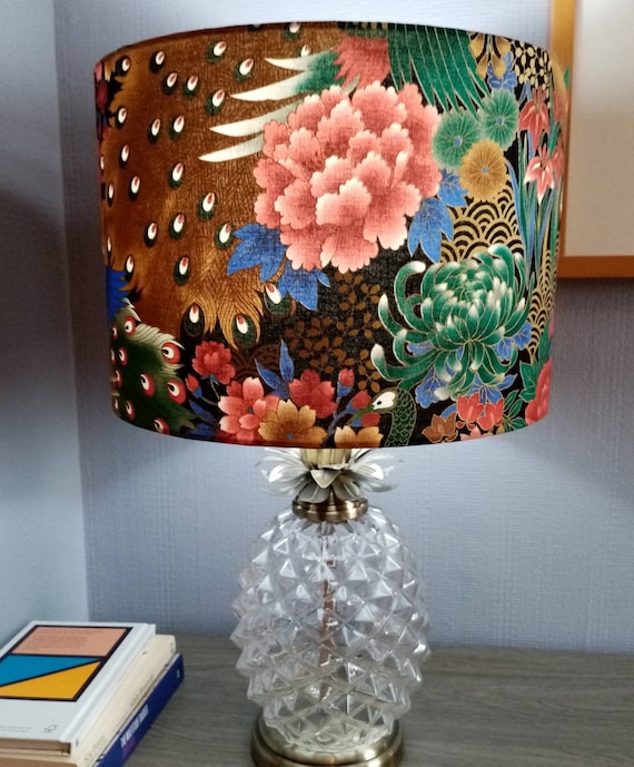 Handmade Japandi Lampshade, Peacock Feather Print, Boho Style