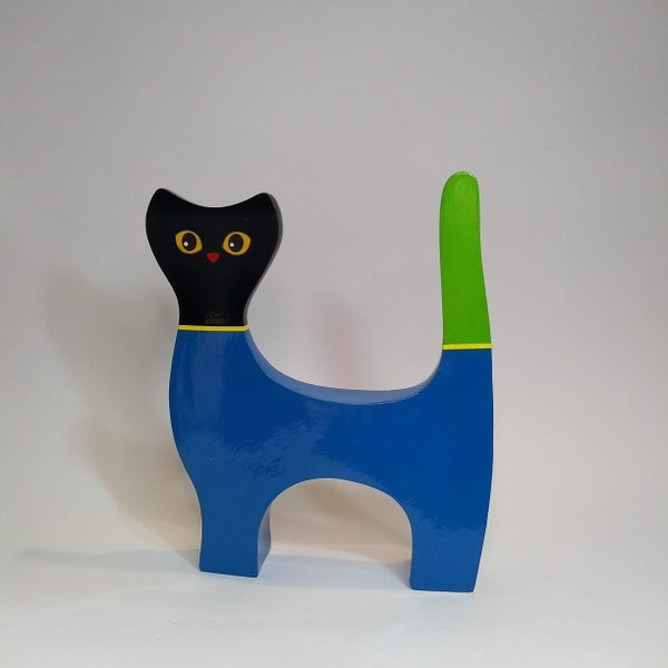 Blue cat made of paper mache, cartapesta and recycled paper