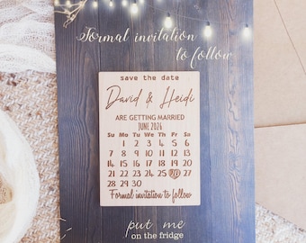 Personalized Wooden Save the Date Magnet with Engraved Calendar – Unique Wedding Announcement Gift Set