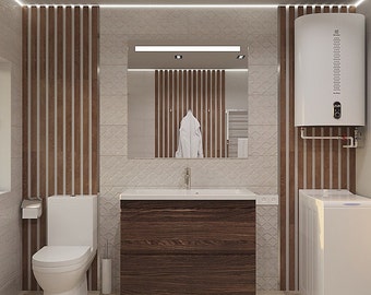 Wooden wall slats, bathroom accent wall, 3D wall panels, wood interior design,