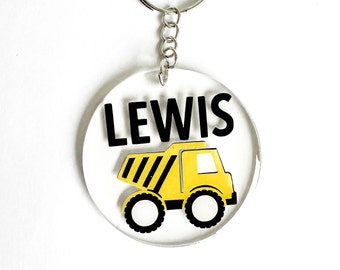 Personalised Truck Acrylic Keychain | Custom Name | Kids Name Bag Tag | Birthday Gift | Party Favour | Yellow Black Truck | Building Theme