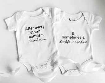 After Every Storm Comes A Rainbow… And Sometimes A Double Rainbow Onesie Set | Twin Onesie Set | White Black Personalised Baby Announcement