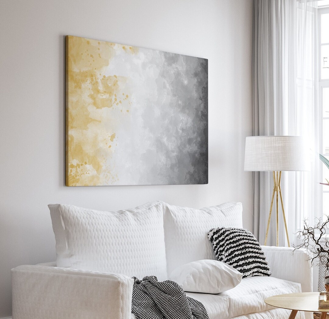 Abstract Framed Canvas Wall Art in Mustard Yellow and Grey, Large