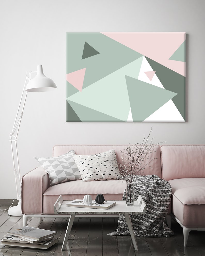 Living Room Art Kids Room Art Canvas Art Pastel Nursery Art Abstract Picture Sage Green /& Blush Pink Colorful Geometric Wall Art