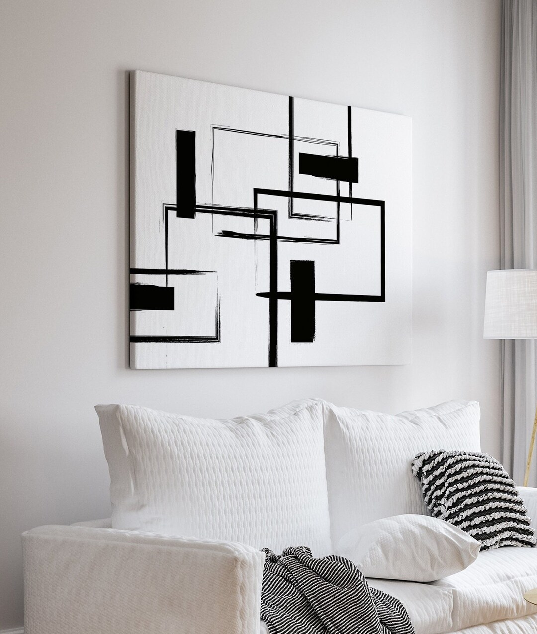 Abstract Minimalist Canvas Wall Art in Black & White, Ready to Hang