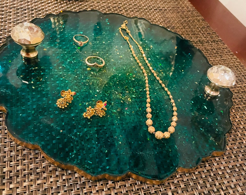 Emerald Green Decorative Geode Agate Tray Resin Gold Leaf Round Tray