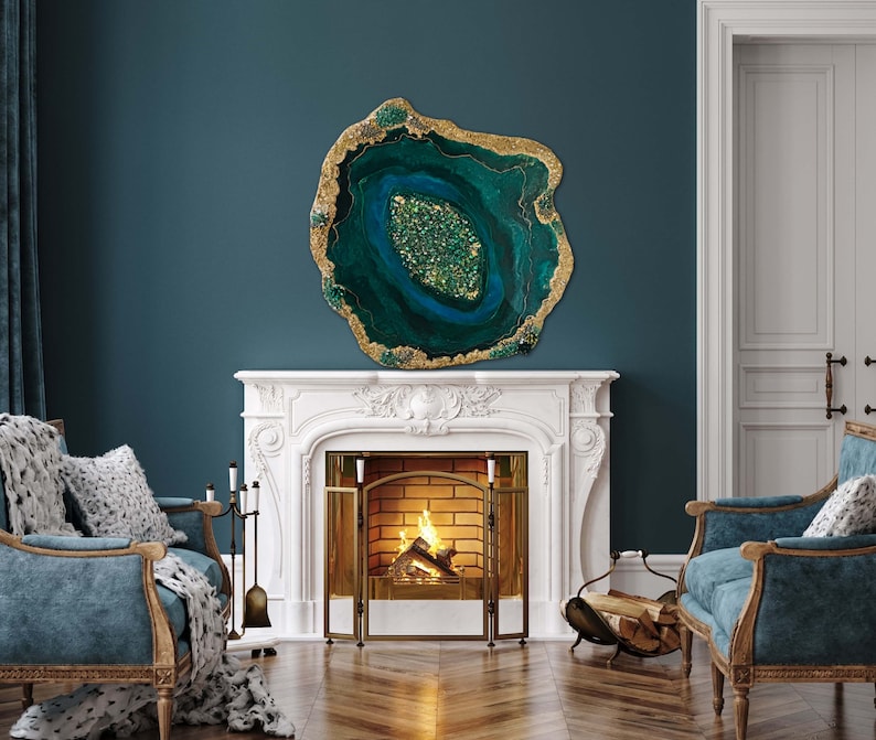 Green Geode Free Form Painting, Malachite Agate, Large Resin Wall Art