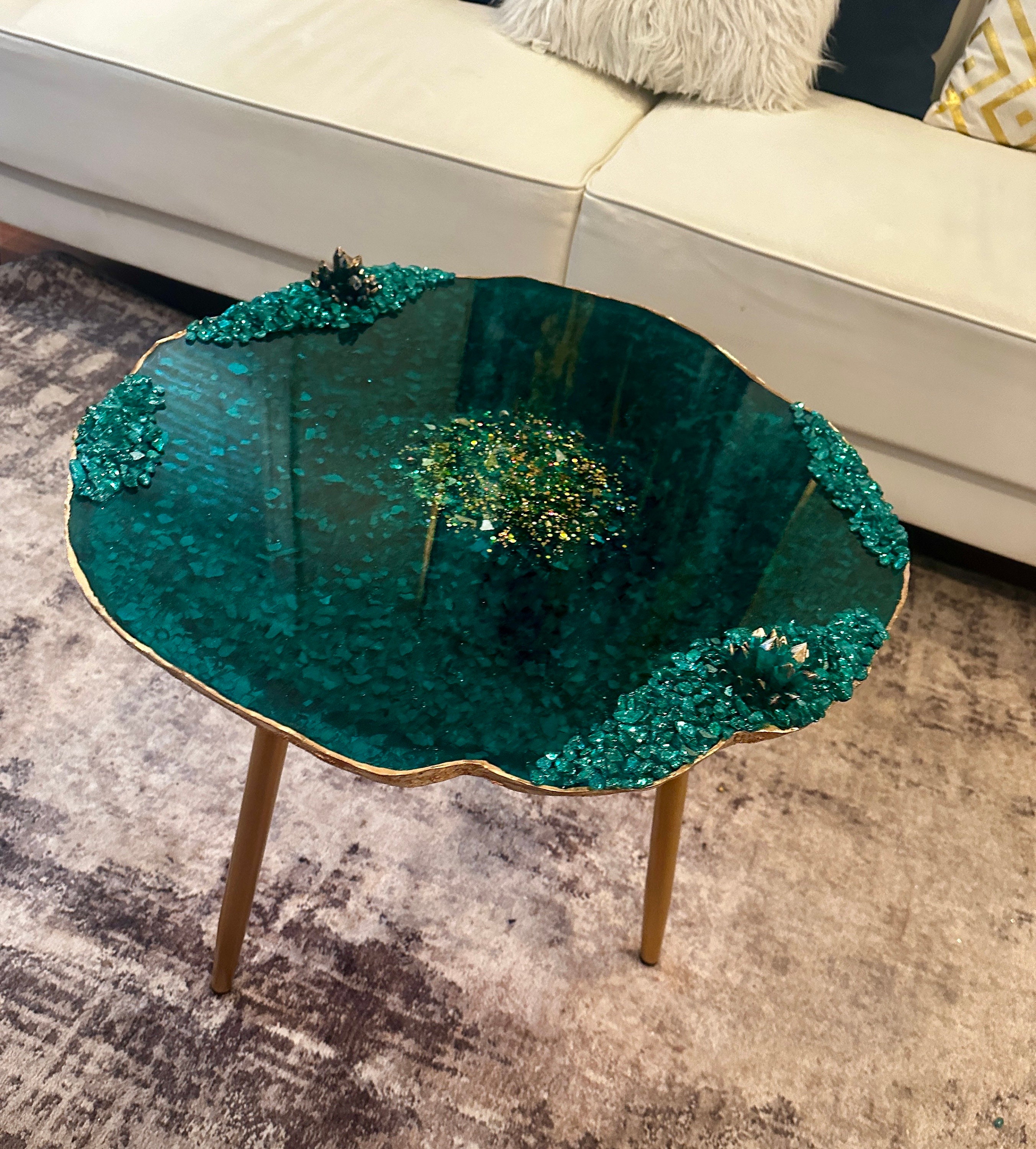 Emerald Green Coffee Table, Geode Irregular Shape Epoxy Resin Accent Side Table With Glass and ...