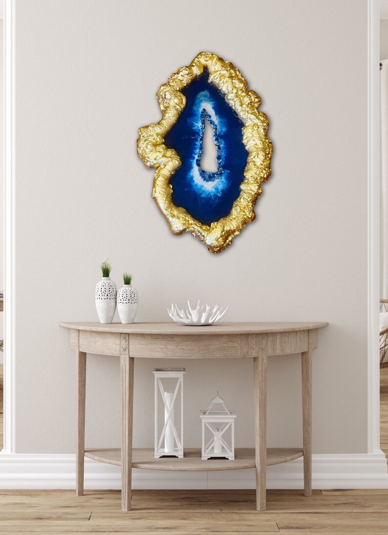 Blue Gold Resin Geode Painting Agate Wall Art, Organic Freeform Shape ...