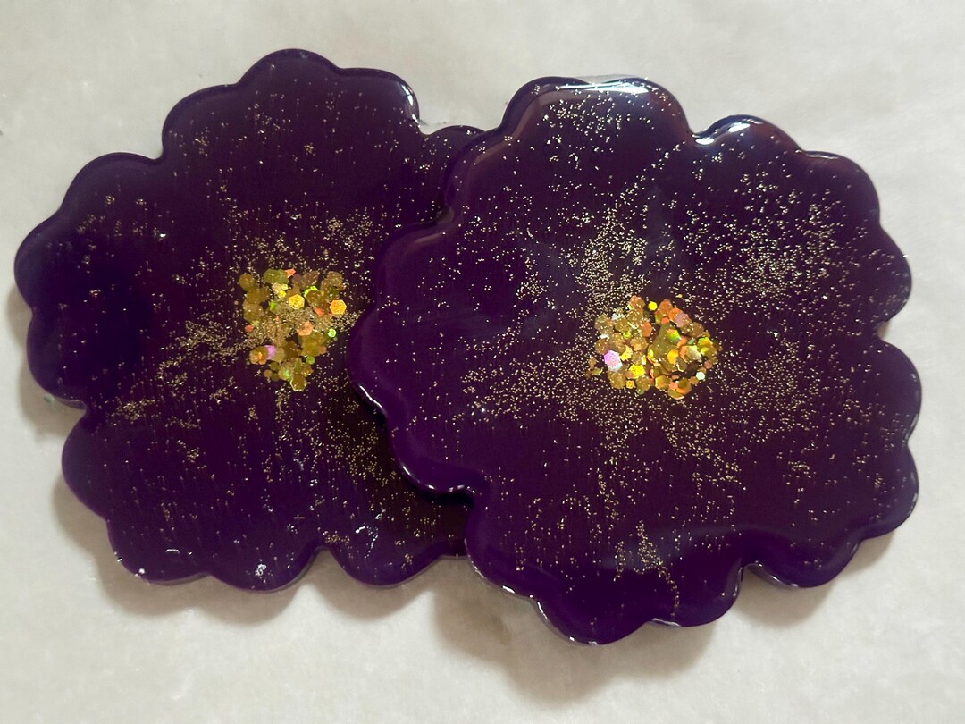 Amethyst Deep Royal Indigo & Gold Flower Shaped Resin Coasters, Trinket ...