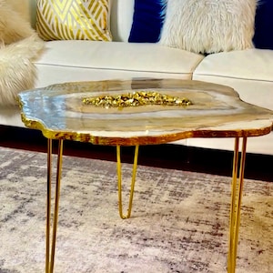 Handmade Epoxy Resin Geode Agate Table - Pearl White & Royal Gold with Gold Nuggets | Hairpin Iron Legs | Statement Table